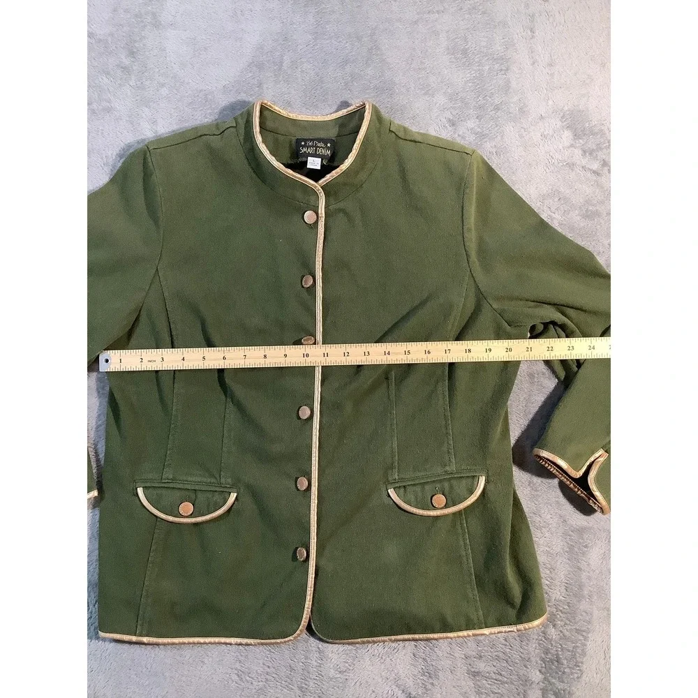Bob Mackie Smart Denim 2-Pc Suit Green Gold Piping Jacket Pants Set Women's L